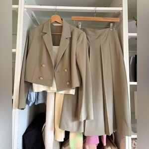 Crop Blazer And Camisole And Pleated Mid Skirt Three-Piece Set